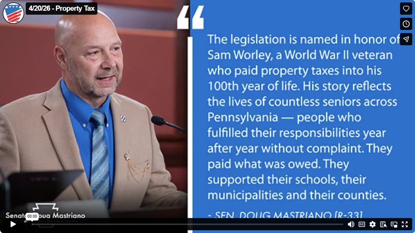 A quote is presented next to a picture of Senator Doug Mastriano at a Senate committee meeting: The legislation is named in honor of Sam Worley…