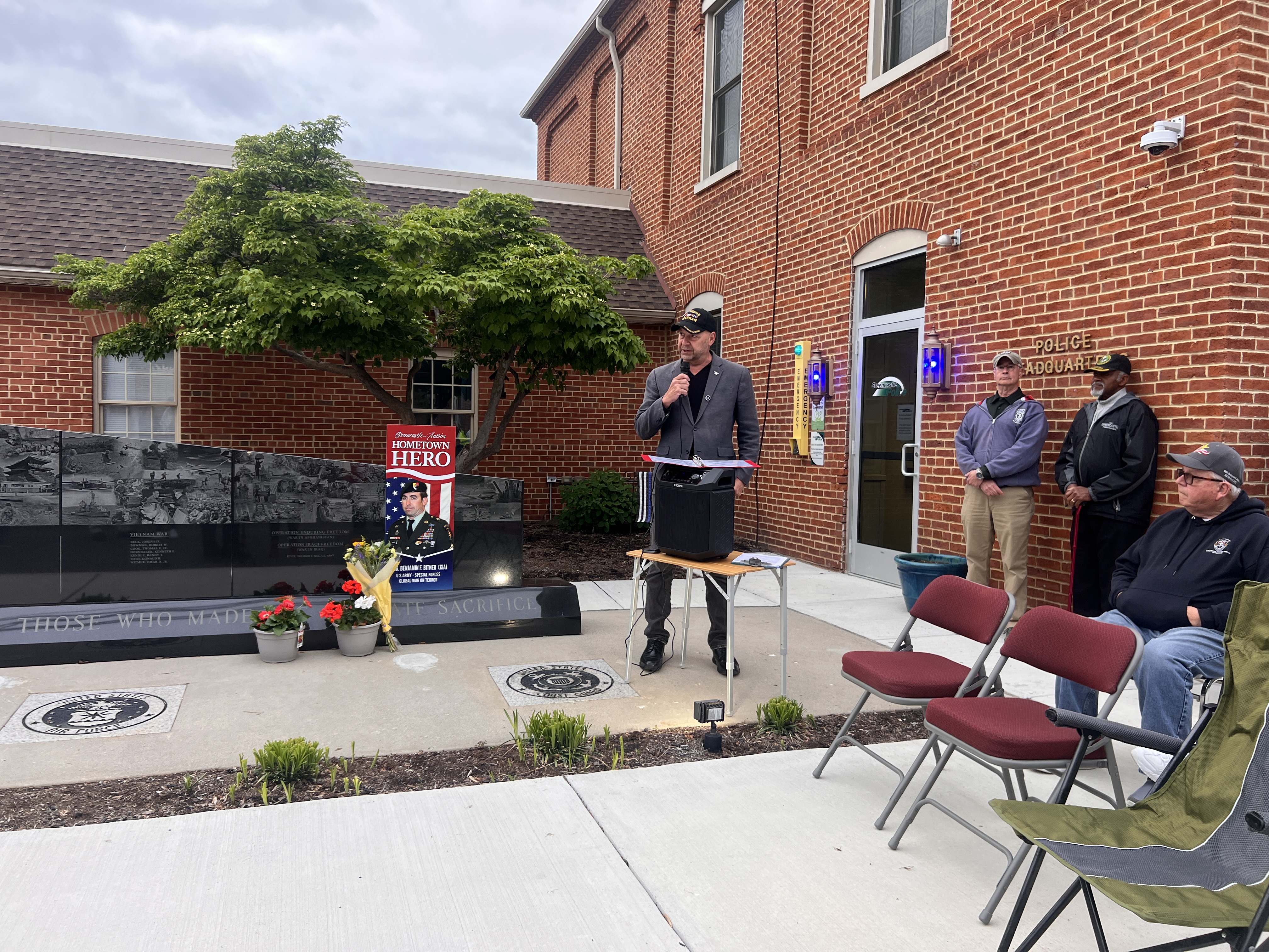 Senator Mastriano speaking in front of people at an event in downtown Greencastle.