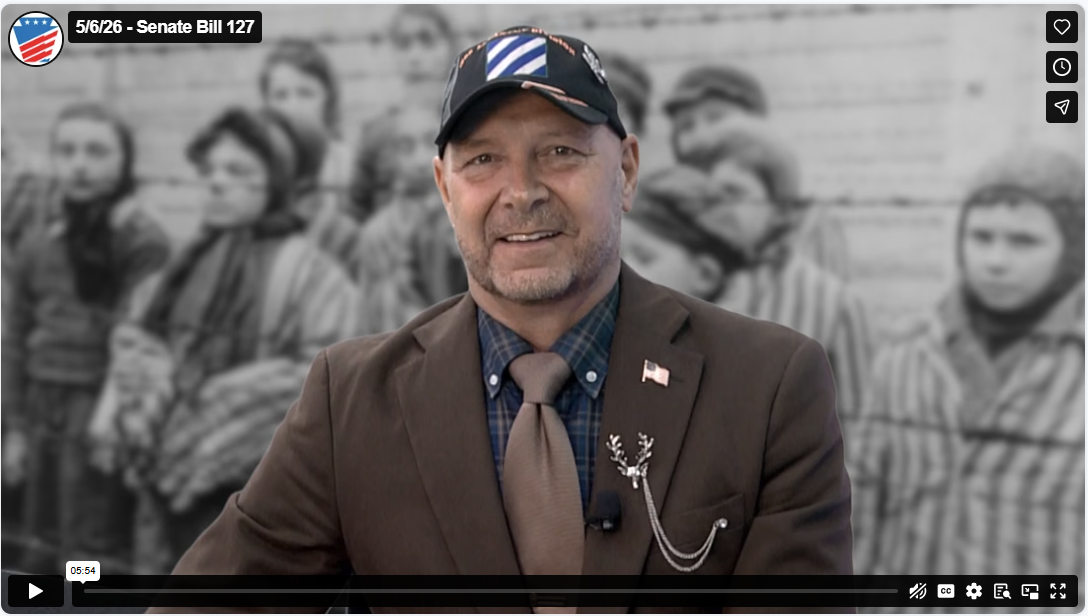 Senator Mastriano is recorded speaking about the Holocaust and has a black and white graphic shown in the background of images from the Holocaust