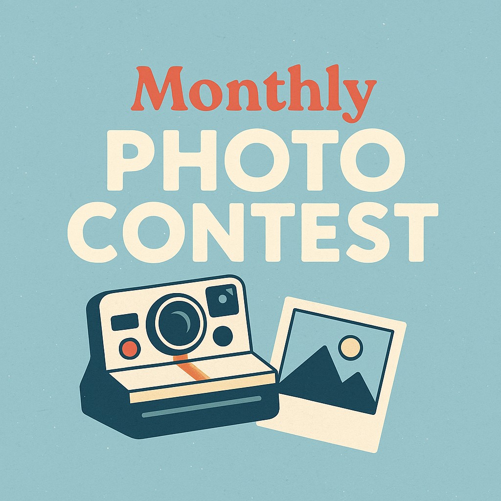 Monthly Photo Contest with an image of a polaroid camera and picture.