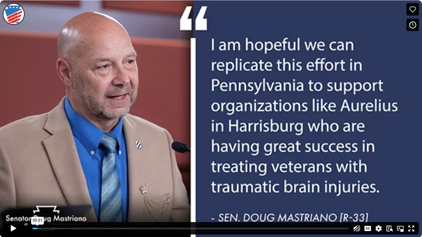 Senator Mastriano wearing a brown blazer jacket, blue shirt and blue plaid tie sitting in front of a microphone during a committee meeting.