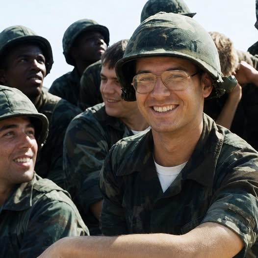 Senator Mastriano in Army gear and glasses smiling surrounded by other soldiers