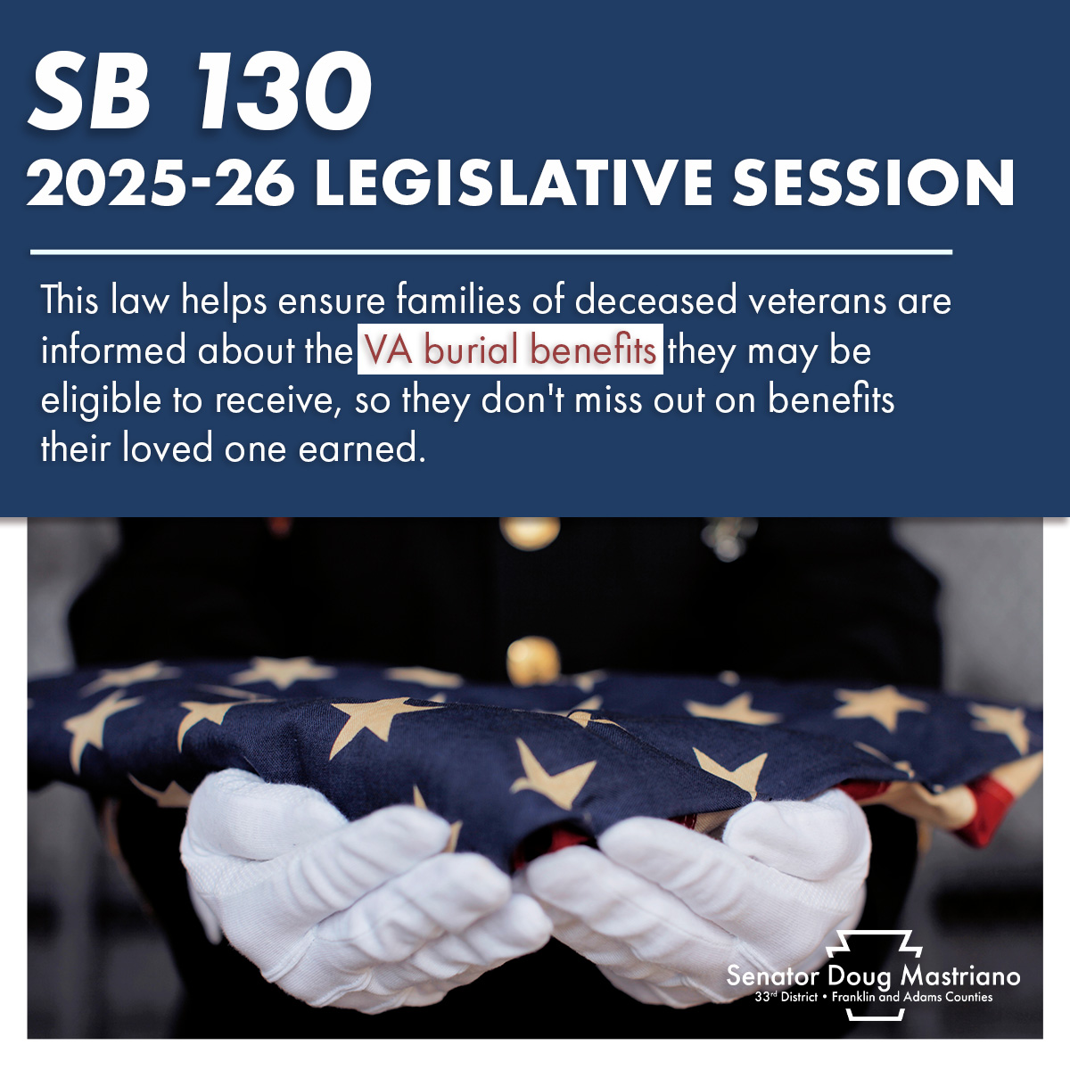 Graphic promoting Pennsylvania Senate Bill 130 for the 2025-26 legislative session, sponsored by Senator Doug Mastriano. The top half features white and red text on a blue background that reads: "SB 130 2025-26 LEGISLATIVE SESSION. This law helps ensure families of deceased veterans are informed about the VA burial benefits they may be eligible to receive, so they don't miss out on benefits their loved one earned." The bottom half shows a close-up photograph of hands wearing formal white gloves reverently holding a folded American flag. The official logo for Senator Doug Mastriano (33rd District - Franklin and Adams Counties) is in the bottom right corner.