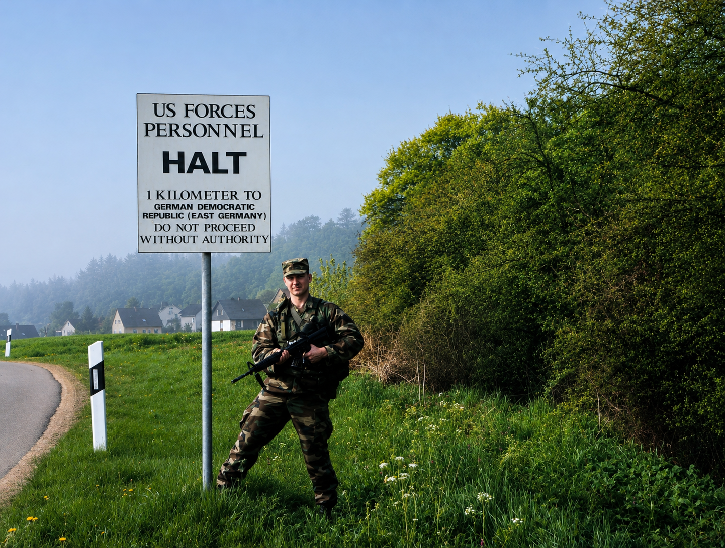 Senator Mastriano in woodland camouflage uniform and a patrol cap stands holding an M16-style rifle next to a Cold War-era border warning sign. He is positioned in a vibrant green field bordered by a dense thicket of bushes, with a quiet rural village and misty, tree-covered hills stretching across the background.