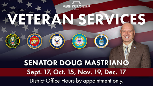 A promotional graphic for Senator Doug Mastriano's Veteran Services, featuring a portrait of the smiling senator in a suit against a background of the American flag. The top text reads "VETERAN SERVICES" in large, bold white lettering, situated above five military service emblems (Army, Marine Corps, Navy, Coast Guard, and Air Force). The bottom section displays the text "SENATOR DOUG MASTRIANO" followed by a red banner listing the event dates: "Sept. 17, Oct. 15, Nov. 19, Dec. 17." The graphic concludes with a footnote at the very bottom stating, "District Office Hours by appointment only."