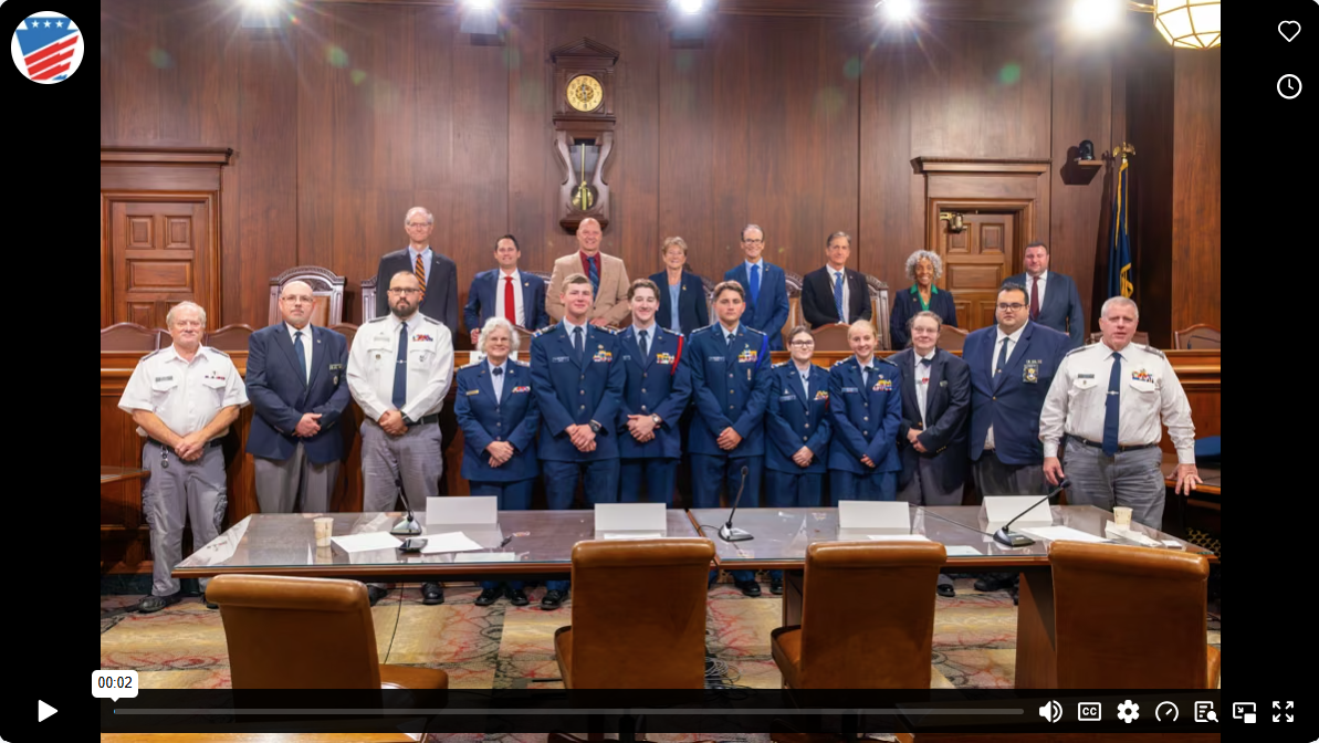 A group photo of Senator Mastriano, committee members, and Civil Air Patrol volunteers inside the Pennsylvania State Capitol.