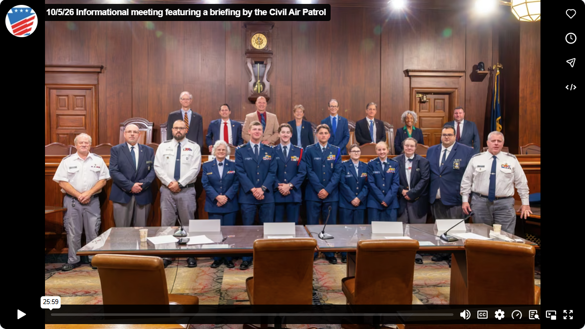 A group photo of Senator Mastriano, committee members, and Civil Air Patrol volunteers inside the Pennsylvania State Capitol.