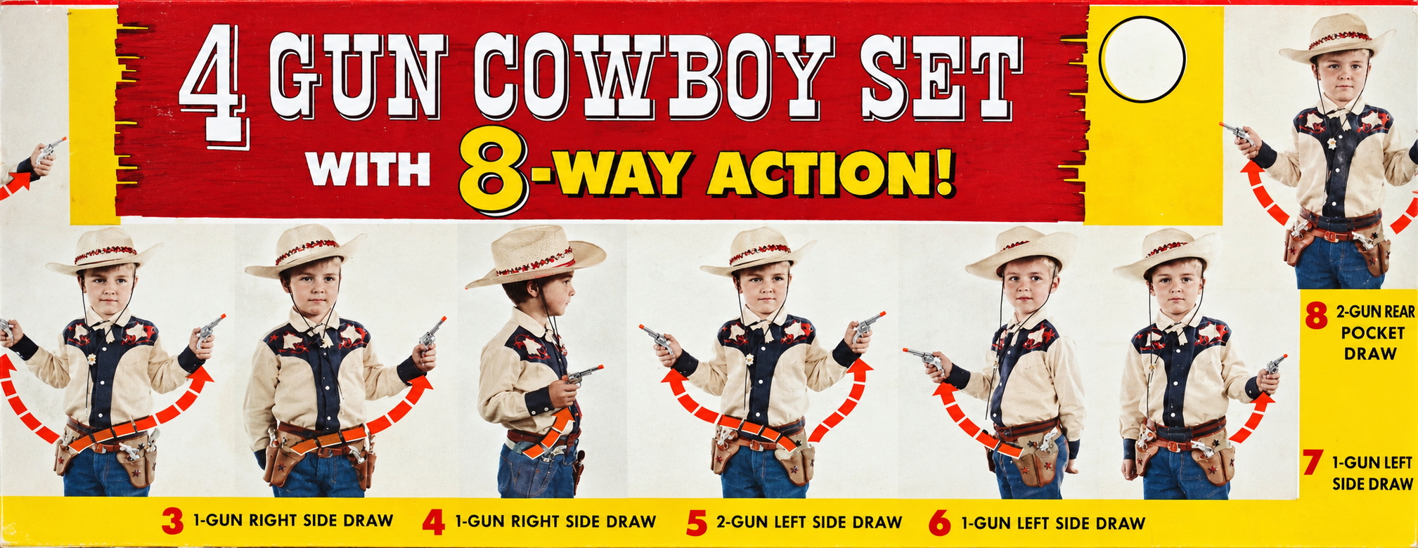 A vintage product packaging graphic shows Senator Mastriano as a young boy modeling a western toy set across seven sequential poses. Senator is dressed as a cowboy, wearing a wide-brimmed straw hat with a red band, blue jeans, a brown leather gun belt, and a tan western shirt featuring a navy-blue shoulder yoke adorned with red stars. In each image, he stands against a plain background, holding plastic toy revolvers with bright orange tips. Red dashed arrows loop around his waist to illustrate different quick-draw movements as he pulls the toy guns from his holsters, showcasing side-draw and rear-pocket maneuvers from both front and side angles. Large, bold promotional text borders the top, and smaller numbered labels line the bottom of the display.